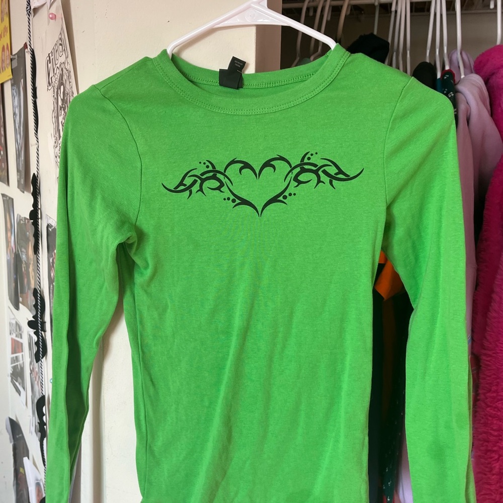 Target Green Long Sleeve Top with Black Heart Design